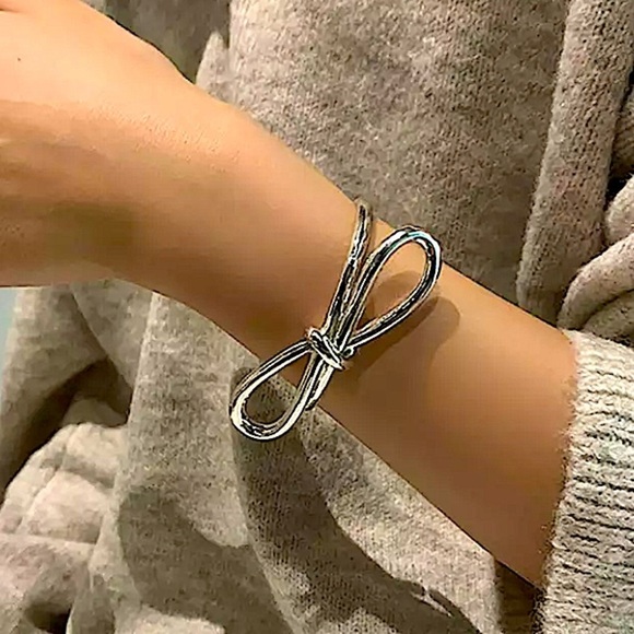 Bow Tie Knot Sterling Silver Bangle Cuff Bracelet - Picture 2 of 6